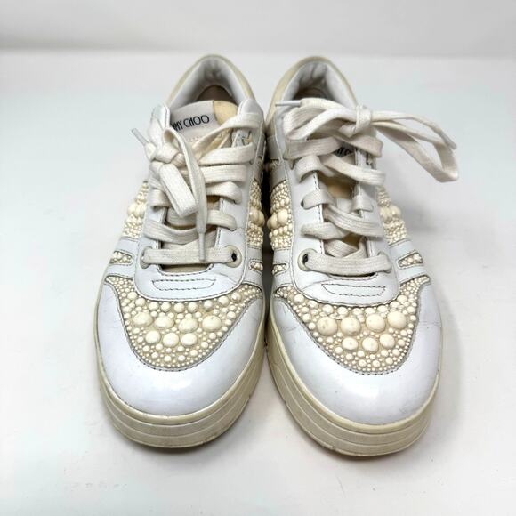 Jimmy Choo Hawaii Leather Pearl Sneakers Shoes 37.5 7.5 White Embellished - Picture 6 of 12